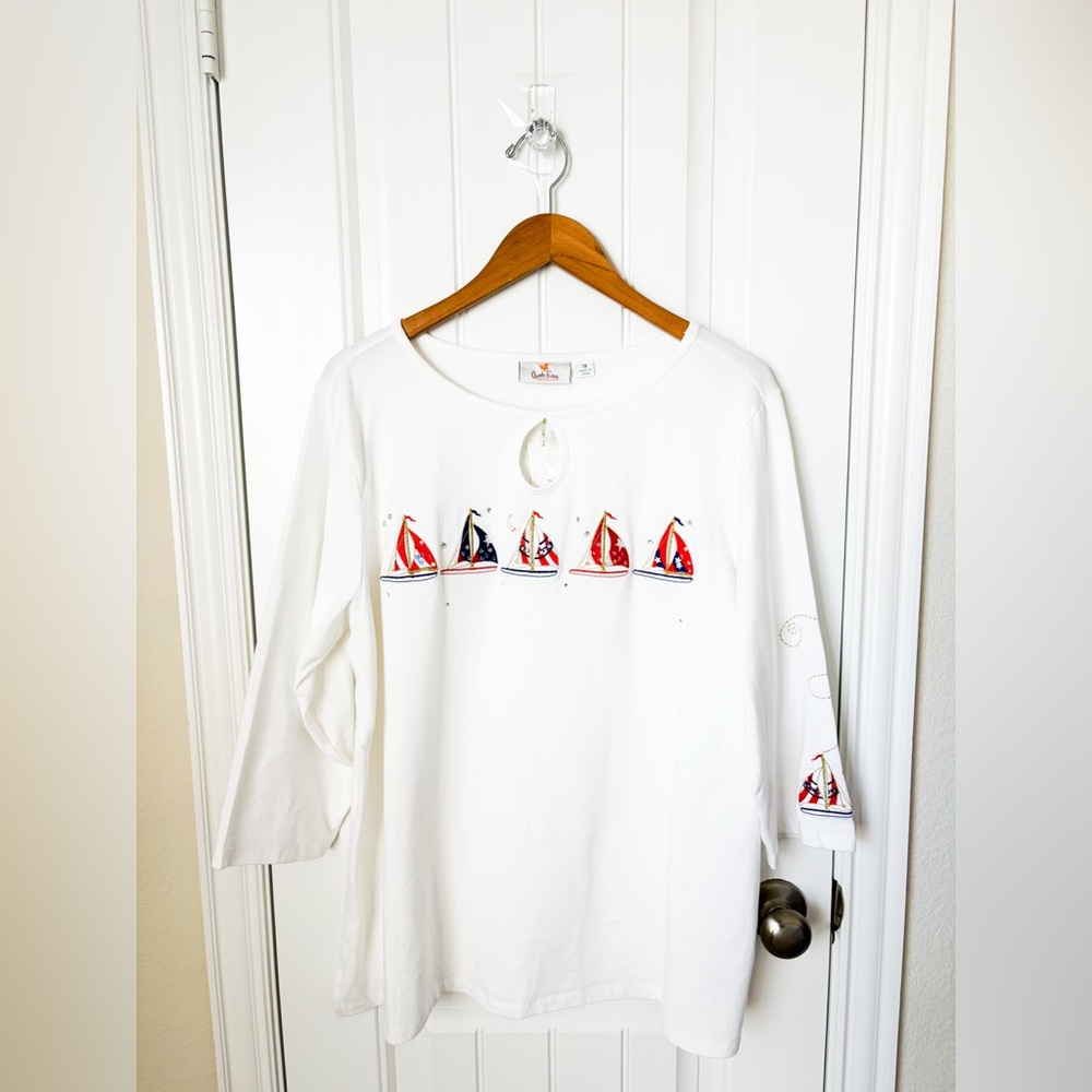 Quaker Factory Embellished Top Sail Boats Nautical Beaded Size 1X NEW